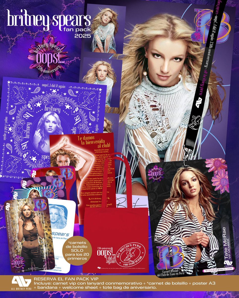 AllBritneyPeru's tweet photo. AllBritneyPerú presenta el nuevo Fan Pack EXCLUSIVO para celebrar los 25 años de 'Oops!... I Did It Again'

🚀 Pack Regular s/40
🚀 Pack VIP s/45

📌 Carnet de bolsillo para los 20 primeros
📌Agrega s/25 para llevarte la camiseta oficial 2025 y un poster de regalo

Reservas al DM https://t.co/KzADXr5tMg