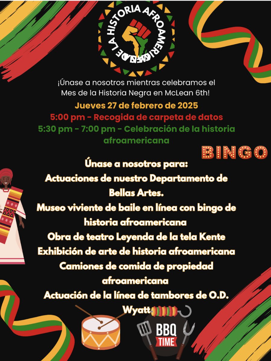 McLean 6th Grade Center (@mclean6fwisd) on Twitter photo ¡Únete a nosotros MAÑANA 27 DE FEBRERO a las 5:00 PM para nuestra Noche de Datos Liderada por Estudiantes! 🌟🎯 Luego, a las 5:30 PM, comenzaremos nuestra celebración del Mes de la Historia Afroamericana. #ÉxitoEstudiantil <a href="/KarilyCruz/">Karily Dean Cruz, M.A</a> <a href="/rhines060/">Valencia Rhines, Ed.D.</a> <a href="/gracie_guerrero/">Dr. Gracie Guerrero</a> ¡Únete a nosotros MAÑANA 27 DE FEBRERO a las 5:00 PM para nuestra Noche de Datos Liderada por Estudiantes! 🌟🎯 Luego, a las 5:30 PM, comenzaremos nuestra celebración del Mes de la Historia Afroamericana. #ÉxitoEstudiantil <a href="/KarilyCruz/">Karily Dean Cruz, M.A</a> <a href="/rhines060/">Valencia Rhines, Ed.D.</a> <a href="/gracie_guerrero/">Dr. Gracie Guerrero</a>