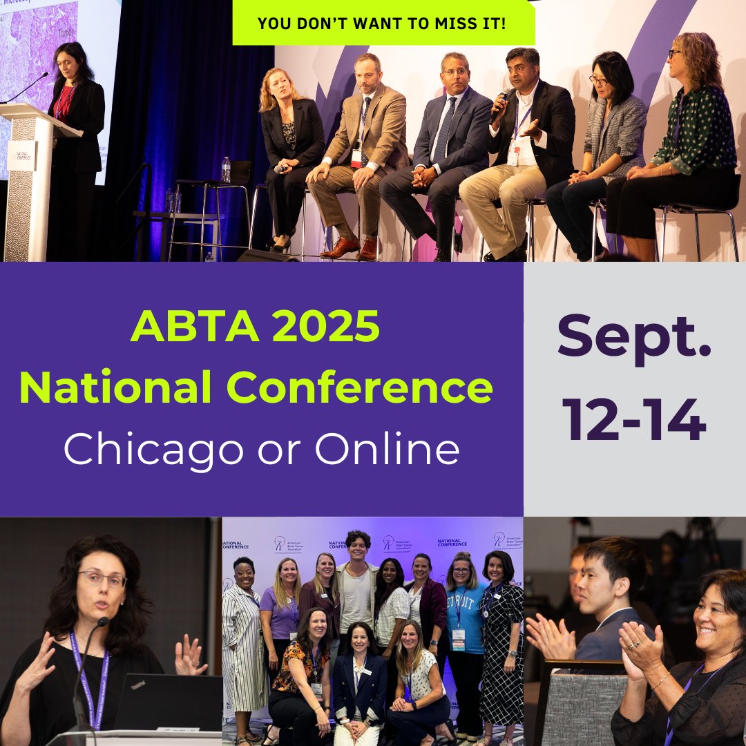 🚨 Save the Date! The ABTA 2025 National Conference is Sept. 12-14 in Chicago &amp; online!

💡 Learn about cutting-edge treatments 🧠
🧘‍♀️ Engage in wellness workshops
🤝 Connect with patients, caregivers &amp; experts

🔗 Learn more: abta.org/national-confe…