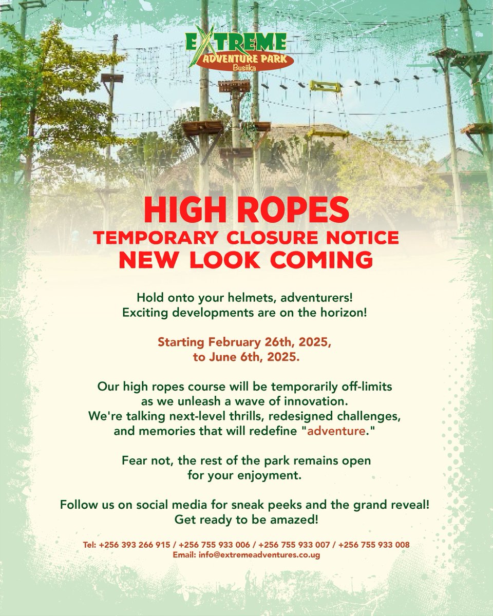 park_busika's tweet image. We're cooking up something BIG! 🔥 Our High Ropes course is getting a makeover from Feb 26th to 6th June , 2025. Get ready for even more thrills and unforgettable memories! Park remains open as usual. 😉 #Highropes  #ExtremeAdventurePark #ComingSoon
