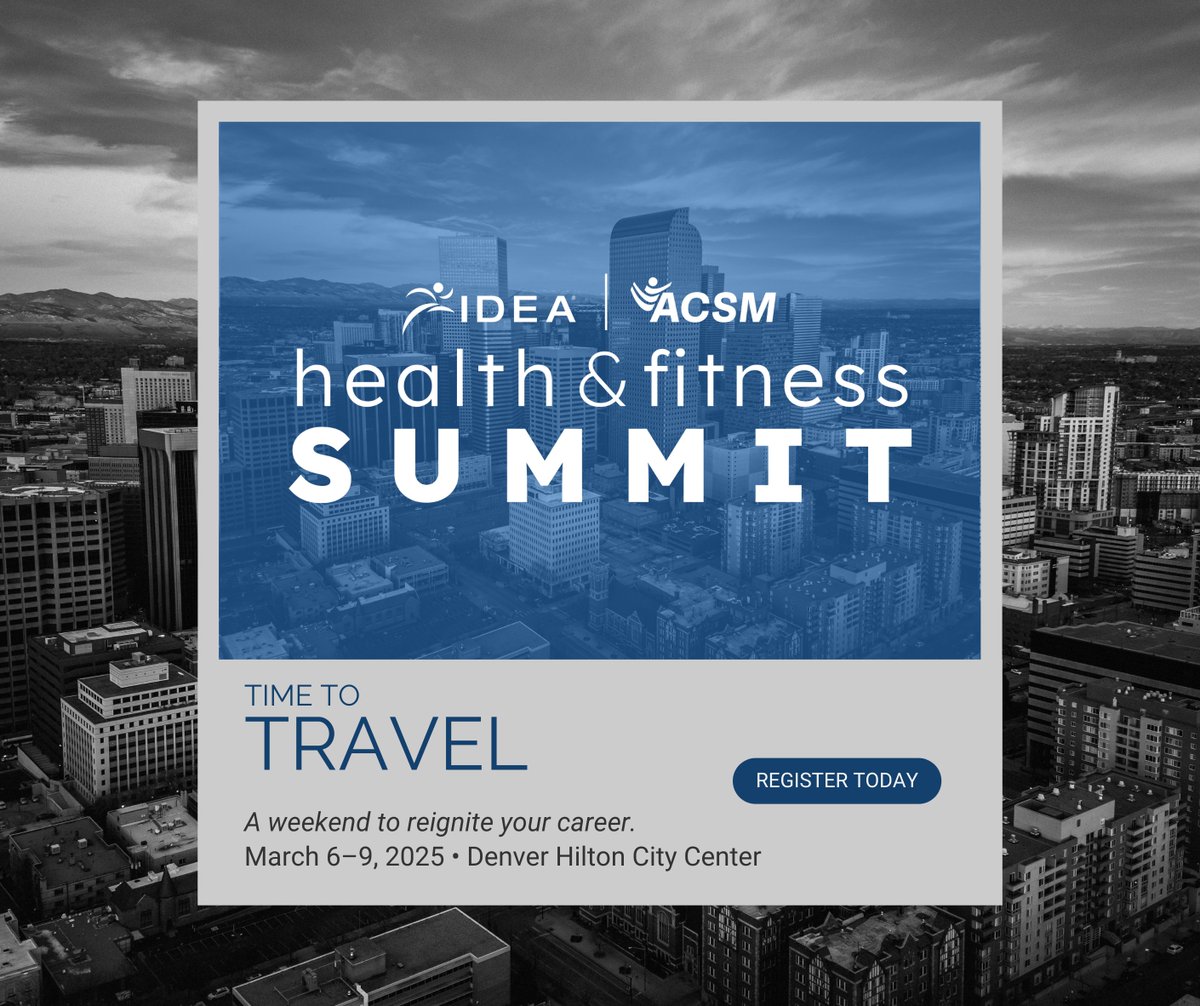 ideafit's tweet photo. Push your career forward at the IDEA & ACSM Health & Fitness Summit in Denver. Learn from top experts, get hands-on experience, and build your skills. ๐ช๐ผ
๐ Register: https://t.co/fjmvWXuOWX
#ideafit #fitpro #ideasummit #acsmsummit #exerciseprofessional #exercisescience https://t.co/NIYQMd0U5L
