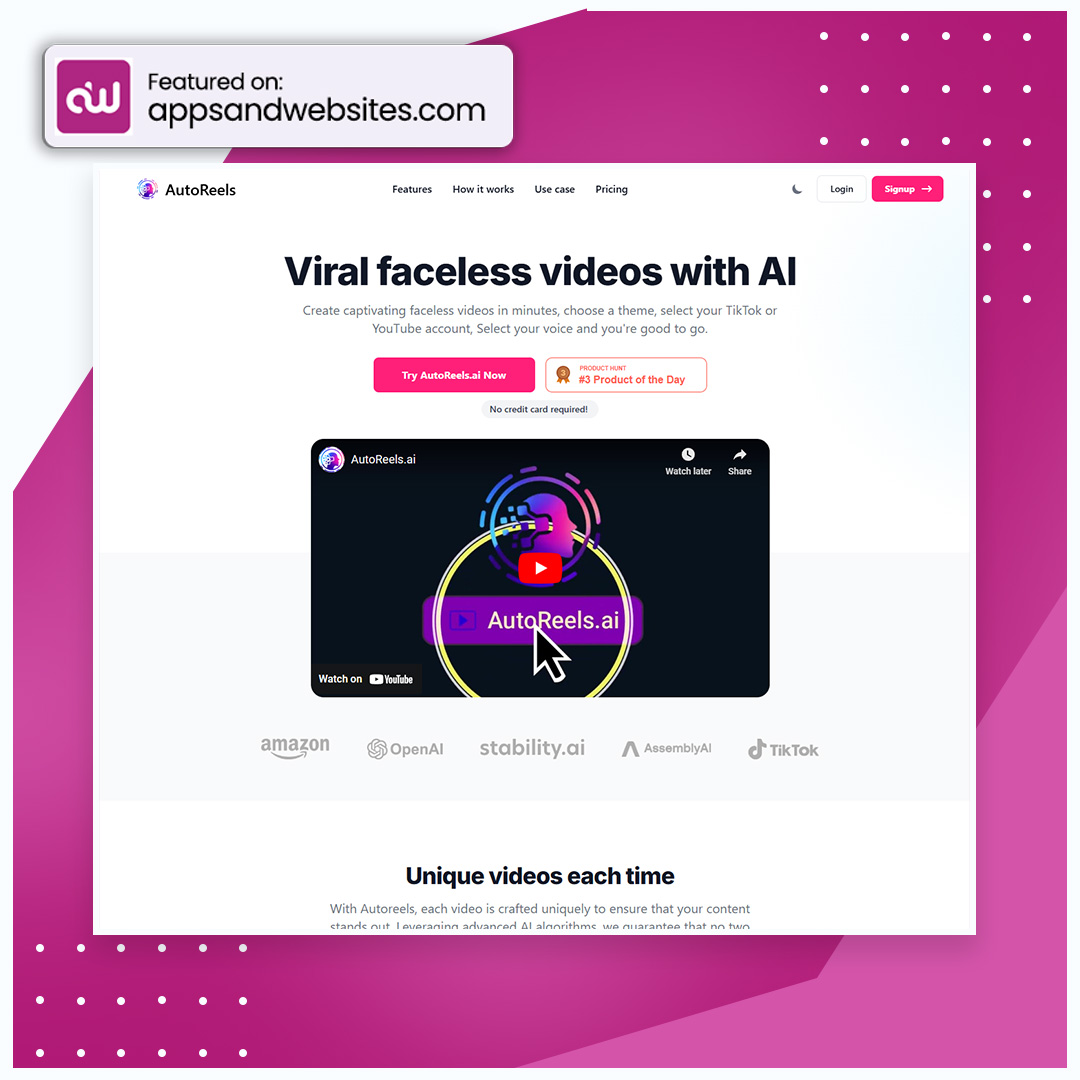 AppsandWebsites's tweet image. Create unique faceless videos with ease! 🎬 Pick a theme, choose a voice, and connect your TikTok. AI makes video creation faster and simpler than ever! 🚀

#Autoreels #VideoCreation
#TikTokContent

Our awesome Apps &amp;amp; Websites directory has more AI  tools:appsandwebsites.com/directory/ai-t…