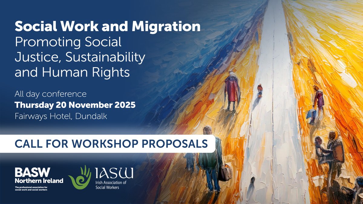 IASW (@iasw_irl) on Twitter photo Social workers play a key role in community development, inclusion & advocacy. If you have insights to share, submit a workshop proposal for our conference on migration & social justice!
Deadline: TODAY, April 7
More info: iasw.ie/events/628-datā¦
#SocialWork #IASW <a href="/BASW_NI/">BASW Northern Ireland</a> Social workers play a key role in community development, inclusion & advocacy. If you have insights to share, submit a workshop proposal for our conference on migration & social justice!
Deadline: TODAY, April 7
More info: iasw.ie/events/628-datā¦
#SocialWork #IASW <a href="/BASW_NI/">BASW Northern Ireland</a>