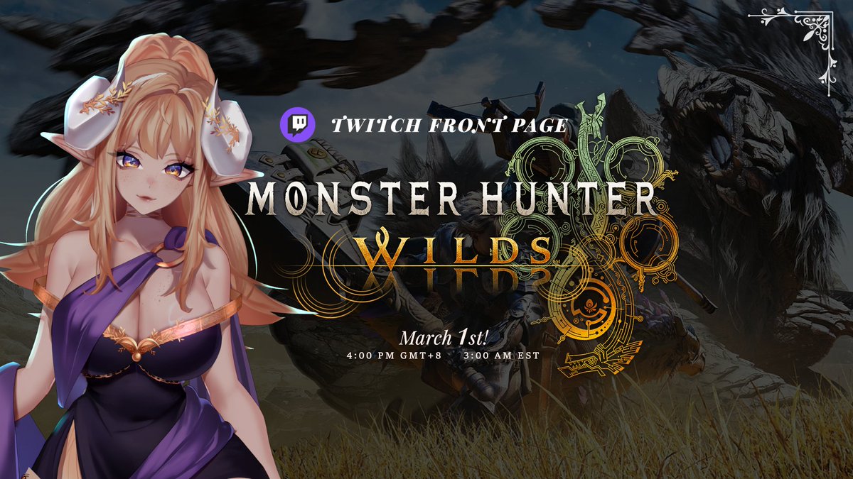 I'm excited to announce....

⋆｡°✩ On March 1st chatto will take over Twitch front page!!! 8 hours of Monster Hunter Wilds, a new Megathon, and some secret surprises to be announced later!! I'll see you there, right little ones..? ✩°｡⋆