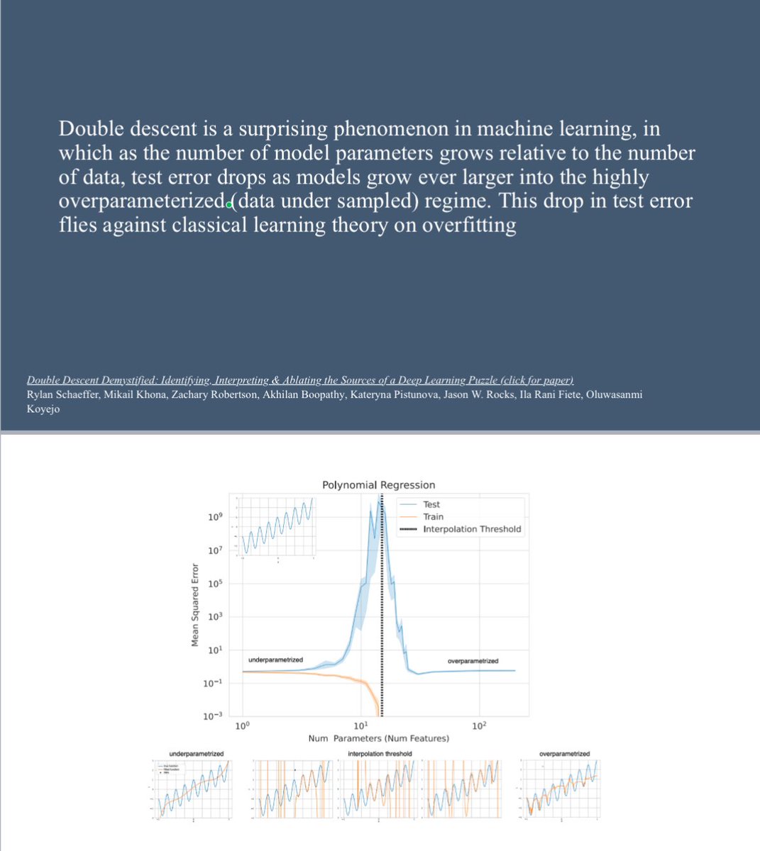 I organized discussion on descent phenomenon in prediction. Less paradoxical than it first appeared.  More data and more parameters prevent overfitting. Slide with key intuition and cite attached