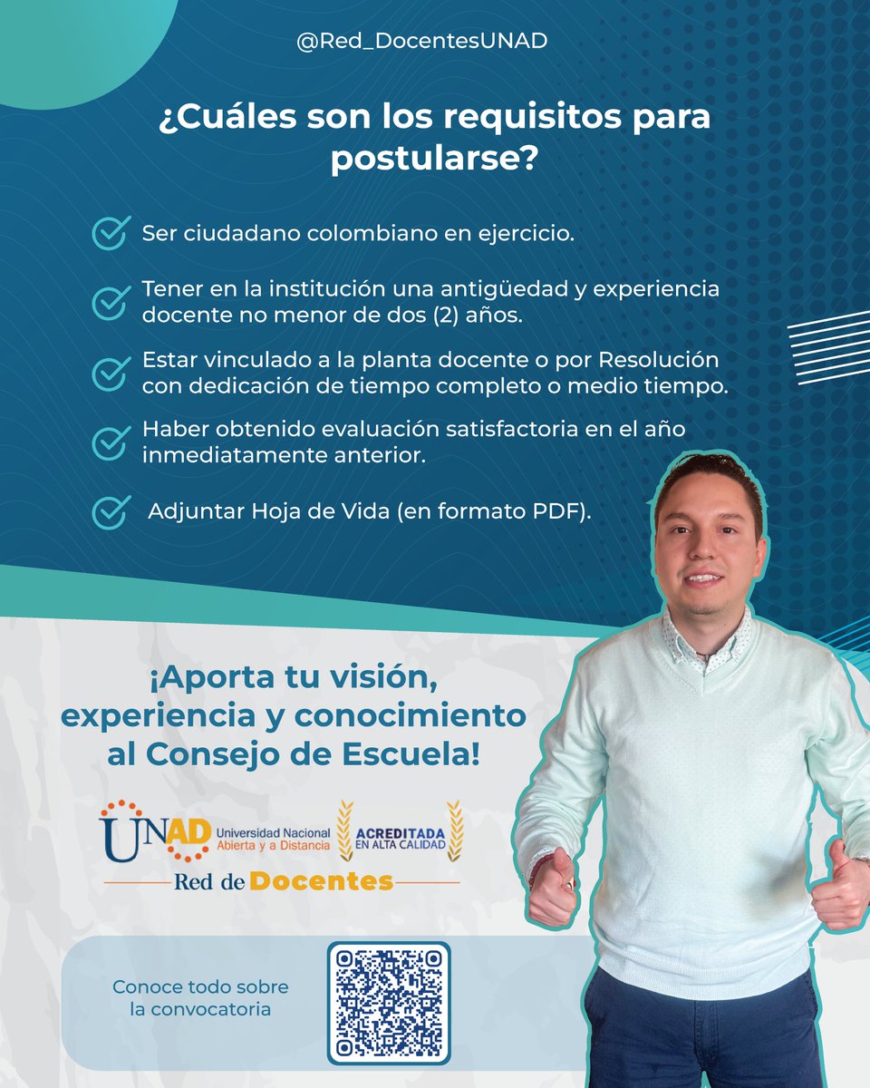📢 Convocatoria para Docentes 📢

🏫📚 Docente Unadista postúlate y representa a los docentes en los Consejos de Escuela. 💡 ¡Es momento de ser parte de las decisiones académicas!

🔗 Detalles de la convocatoria aquí 👉 sgeneral.unad.edu.co/eleccion-repre…