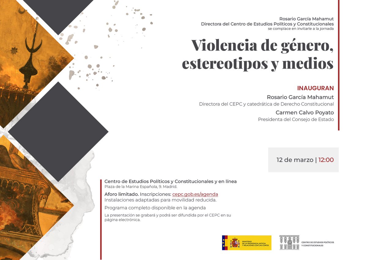 El próximo #12M tenemos un #imperdible en el <a href="/cepcgob/">Centro de Estudios Políticos y Constitucionales</a>: “Jornada Violencia de género, estereotipos y medios"
🔗 Inscripción: search.app/oq1VadBPr98VmC… Nos vemos!