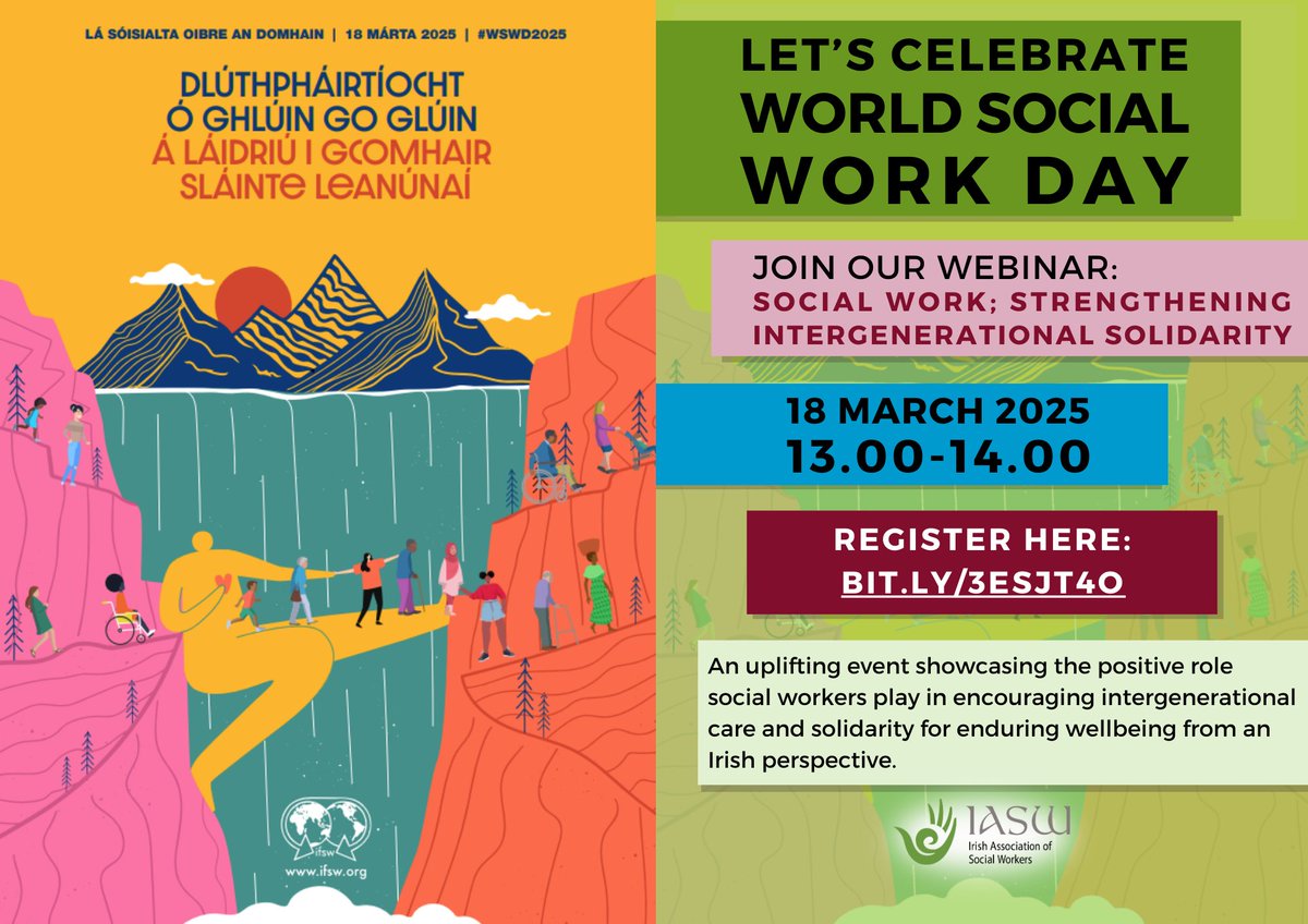 Join <a href="/IASW_IRL/">IASW</a> for a special World Social Work Day webinar on 18 March! 📅 
Expect inspiring talks from <a href="/sarahmdonnelly1/">Sarah Donnelly</a> &amp; Valerie O Brien on kinship care, intergenerational solidarity &amp; sustainable societies. #WSWD2025 #SocialWork

Register for Free!➡️bit.ly/3EsJt4o