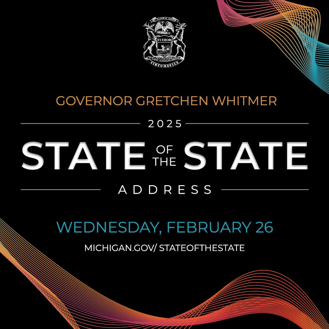MichiganLEAP's tweet photo. Today, Governor Gretchen Whitmer will be delivering the 2025 State of the State Address. Watch live at https://t.co/OfY0eLIoQP and join the conversation using #MISOTS25! https://t.co/KZcYW0mo2e