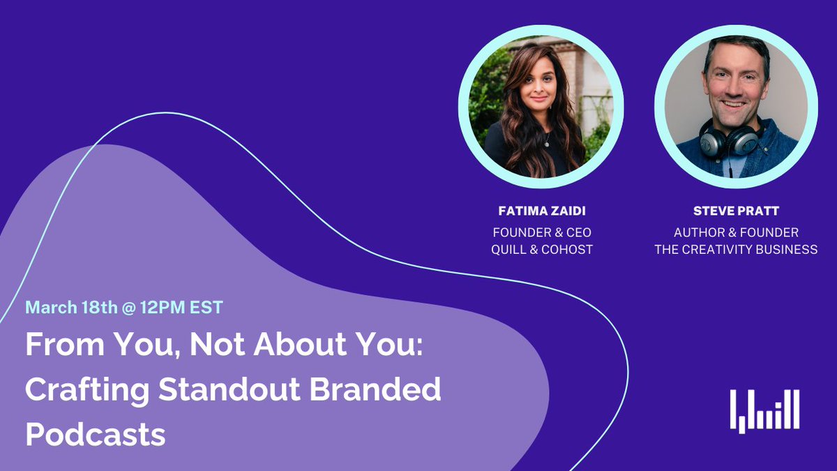 Attention is harder than ever to earn.

Join <a href="/zaidiafatima/">Fatima Zaidi</a> &amp; <a href="/steveprattca/">stevepratt</a> to learn why podcasting is still one of the best ways to break through the noise.

📅 Mar 18 | 12 PM EST

🔗 Save your spot: quill-podcasting.wistia.com/live/events/fb…

#brandedpodcasts #corporatepodcasts #companypodcasts