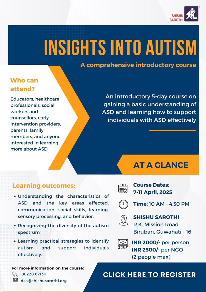 Insights into Autism– A 5-day introductory course at Shishu Sarothi!
April 7-11, 2025 | 10 AM – 4:30 PM | Guwahati

₹2000 per person | ₹2500 per NGO (2 people max) • Call at - 88228 67130 • dsa@shishusarothi.or • Register at docs.google.com/forms/d/e/1FAI…