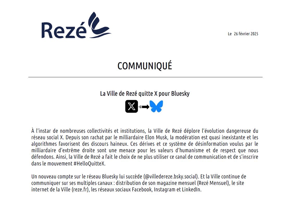 Face à l'évolution du réseau social X, la Ville de Rezé officialise son retrait de la plateforme. #HelloQuitteX 
👉 Retrouvez Rezé sur le réseau Bluesky (@villedereze.bsky.social) !