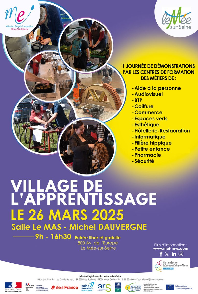 Le Village de l'#Apprentissage revient !🎉 Salle Le MAS à Le Mée-sur-Seine pour une nouvelle édition de cette journée dédiée à la découverte des #métiers. Les jeunes pourront échanger avec des professionnels et trouver leur voie !🚀#Orientation #Alternance #CAMVS #LeMeesurSeine