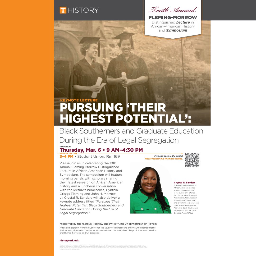 Denbo Center for Humanities & the Arts (@uthumanitiesctr) on Twitter photo Join <a href="/utkhistory/">UTK History</a> for the 10th Annual Fleming-Morrow Distinguished Lecture & Symposium on March 6, 2025, from 9am–4:30pm. Events include research panels, a luncheon conversation with Drs. Fleming & Morrow, and a 3pm keynote by Dr. Crystal Sanders. Register:tiny.utk.edu/flemingmorrow2…. Join <a href="/utkhistory/">UTK History</a> for the 10th Annual Fleming-Morrow Distinguished Lecture & Symposium on March 6, 2025, from 9am–4:30pm. Events include research panels, a luncheon conversation with Drs. Fleming & Morrow, and a 3pm keynote by Dr. Crystal Sanders. Register:tiny.utk.edu/flemingmorrow2….