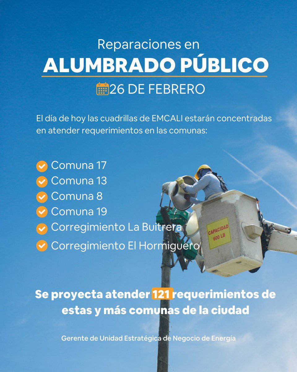 Nuestras cuadrillas continúan trabajando fuertemente para dejar a Cali con la iluminación y la seguridad que merece. Estas son las comunas en las que se estarán atendiendo reportes 👇🏼