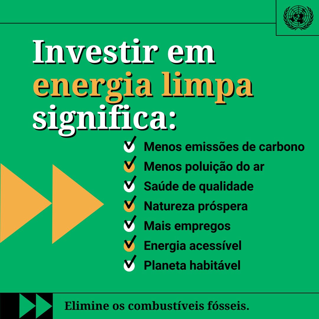 ONUBrasil's tweet photo. “O fim da era dos combustíveis fósseis é certo. Mas os governos precisam garantir que isso ocorra de forma rápida e justa. Isso é fundamental para nos salvar do pior da crise climática e conectar todas as pessoas à #EnergiaLimpa.” - @antonioguterres 

➡️ https://t.co/xruAWoAMiJ https://t.co/Odh58LH4ZM