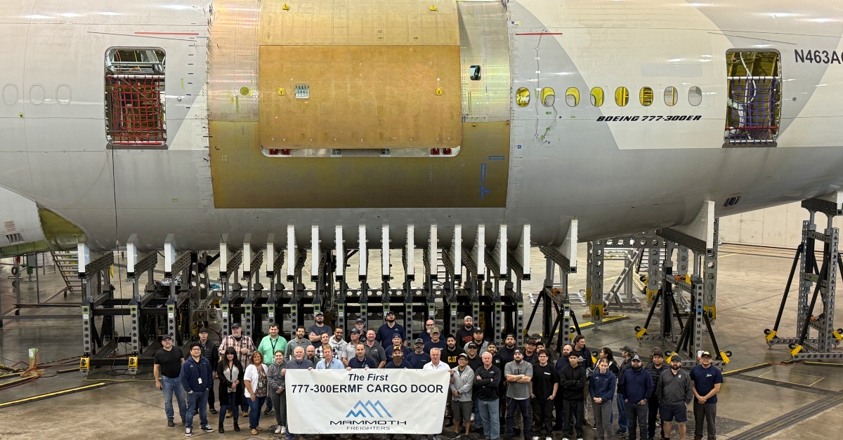 Mammoth and Aspire MRO are proud to have reached another significant milestone with the installation of the main cargo door on the 777-300ERMF freighter. This marks another step towards completing the -300ERMF conversion and attaining STC certification.