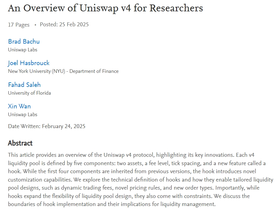 Fahad Saleh (@cryptoeconprof) on Twitter photo 🚨 NEW PAPER ALERT!!! 🚨
<a href="/BradBachu/">Brad Bachu</a>, <a href="/xin__wan/">Xin Wan</a>, Joel and I recently collaborated on an explainer for <a href="/Uniswap/">Uniswap Labs 🦄</a> v4. We clarify the technical specification (at a high level) while focusing on implications for liquidity provision. The full paper is at papers.ssrn.com/sol3/papers.cf… 🚨 NEW PAPER ALERT!!! 🚨
<a href="/BradBachu/">Brad Bachu</a>, <a href="/xin__wan/">Xin Wan</a>, Joel and I recently collaborated on an explainer for <a href="/Uniswap/">Uniswap Labs 🦄</a> v4. We clarify the technical specification (at a high level) while focusing on implications for liquidity provision. The full paper is at papers.ssrn.com/sol3/papers.cf…