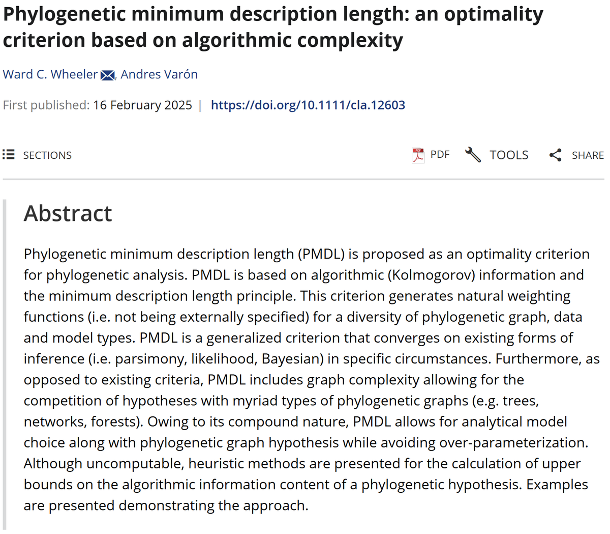 WilliHennigSoc's tweet image. ⚠️ #NewPaperAlert🖥️
𝗣𝗵𝘆𝗹𝗼𝗴𝗲𝗻𝗲𝘁𝗶𝗰 𝗺𝗶𝗻𝗶𝗺𝘂𝗺 𝗱𝗲𝘀𝗰𝗿𝗶𝗽𝘁𝗶𝗼𝗻 𝗹𝗲𝗻𝗴𝘁𝗵: 𝗮𝗻 𝗼𝗽𝘁𝗶𝗺𝗮𝗹𝗶𝘁𝘆 𝗰𝗿𝗶𝘁𝗲𝗿𝗶𝗼𝗻 𝗯𝗮𝘀𝗲𝗱 𝗼𝗻 𝗮𝗹𝗴𝗼𝗿𝗶𝘁𝗵𝗺𝗶𝗰 𝗰𝗼𝗺𝗽𝗹𝗲𝘅𝗶𝘁𝘆
By Wheeler & Varón
doi.org/10.1111/cla.12…
#AlgorithmicComplexity #Cladistics