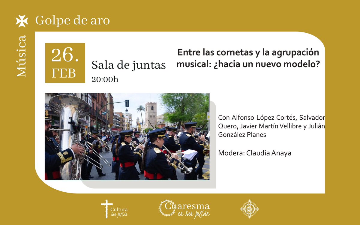 Esta tarde! Junto a unos grandes de nuestra música. Estaremos en la Agrupación de Cofradías a las 20:00 horas para hablar sobre nuestras bandas y las tendencias musicales. 
#CofradíasMLG