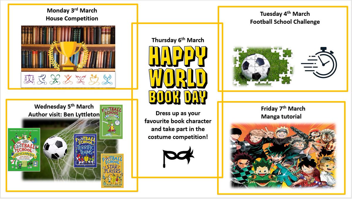 For World Book Day, students can look forward to a week of exciting activities:  
House Competition, Football School Game and a visit from the author Ben Lyttleton. Thursday 6th is World Book Day: Dress up as your favourite book character and take part in the costume competition!