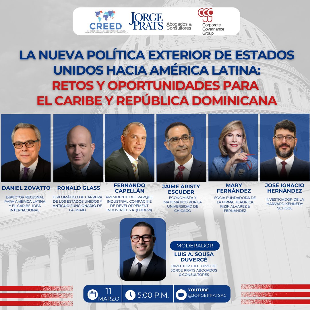 jorgepratsac's tweet photo. Les invitamos al conversatorio virtual "La nueva política exterior de Estados Unidos hacía América Latina" a cargo de @Zovatto55 @rglass50 @fcapellan1 @AristyEscuder @mariaafernandez @ignandez y moderado por nuestro Sub-Director @sousaduverge. 
En co-auspiciado con #CREED y #CGG https://t.co/FSdzvGKXw0