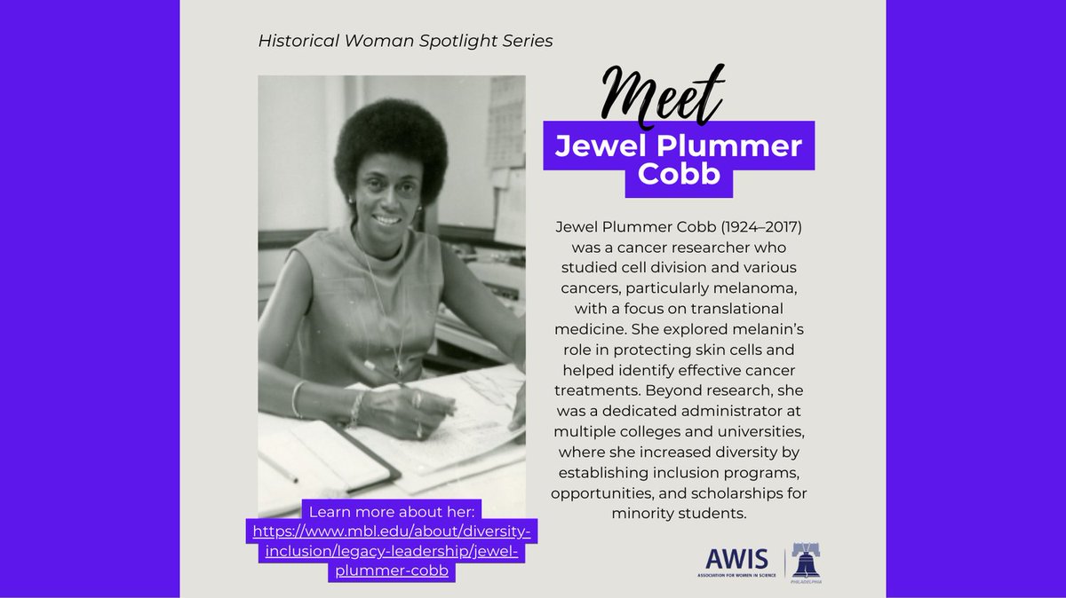 AWISPHL's tweet image. Meet Jewel Plummer Cobb! She was a pioneering biologist whose cancer research paved the way for breakthrough treatments. She's also recognized for supporting diversity in STEM - she fought for opportunities for minorities in science.
Learn more about her:mbl.edu/about/diversit…