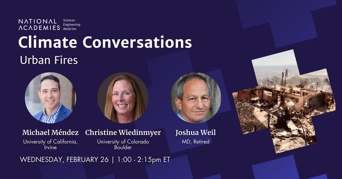 NASEM_Climate's tweet image. Science can support communities impacted by the LA #Wildfires. Today at 1pm ET, we’re hosting #ClimateConversations Urban Fires to explore fire impacts on #Health, infrastructure, and other human systems: ow.ly/EiQv50V6QtT