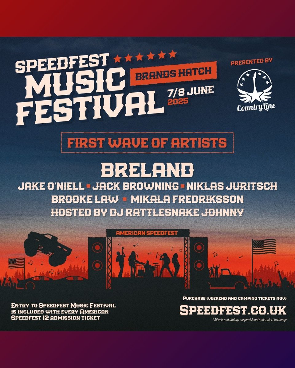 🚨 The first wave of artists for this year’s <a href="/BrandsSpeedFest/">American SpeedFest</a> have been announced with <a href="/breland/">Breland</a> headlining on 7/8 June. Other artists on the ticket: <a href="/jakeoneillvocal/">Jake Oneill</a>, <a href="/JuritschNiklas/">Niklas Juritsch</a>, <a href="/BR00KELAW/">BROOKE LAW</a> &amp; <a href="/frenchie_laa/">Mikala Fredriksson</a>. 🤠
Tickets: loom.ly/z772e58