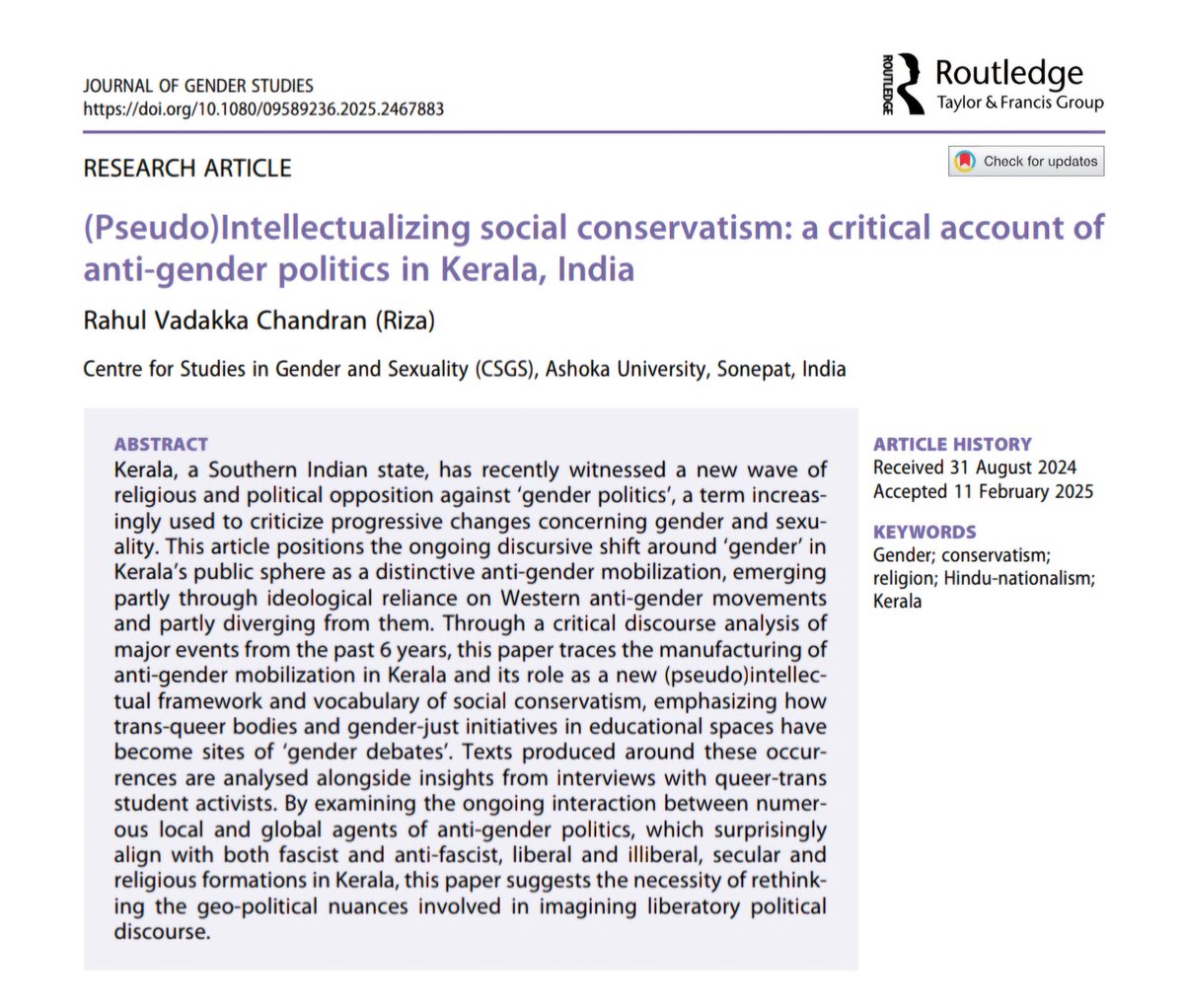 Rahul Riza 🏳️⚧️ (@riza_chandran) on Twitter photo Thrilled to share that my first academic article on the rise of anti-gender politics in Kerala, India, has been published in <a href="/Gender_Journal/">Journal of Gender Studies</a> ✨
Read at: tandfonline.com/eprint/NA4RYY3… Thrilled to share that my first academic article on the rise of anti-gender politics in Kerala, India, has been published in <a href="/Gender_Journal/">Journal of Gender Studies</a> ✨
Read at: tandfonline.com/eprint/NA4RYY3…