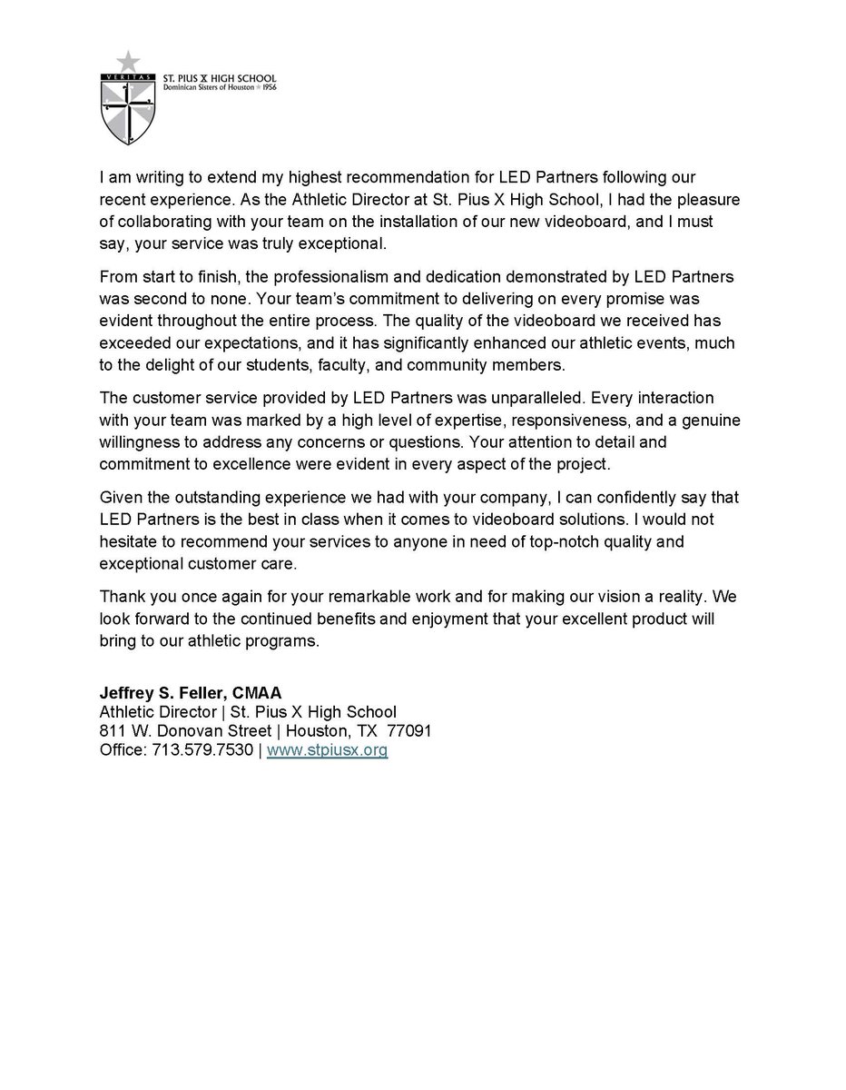 ledpartnershtx's tweet image. We are thrilled to have partnered with St. Pius X High School on the installation of their brand-new LED Scoreboard at Kubiak Stadium. 
A special thank you to Athletic Director Jeffrey S. Feller for his support and kind words. 
#LEDPartners #StPiusX #KubiakStadium #scoreboard