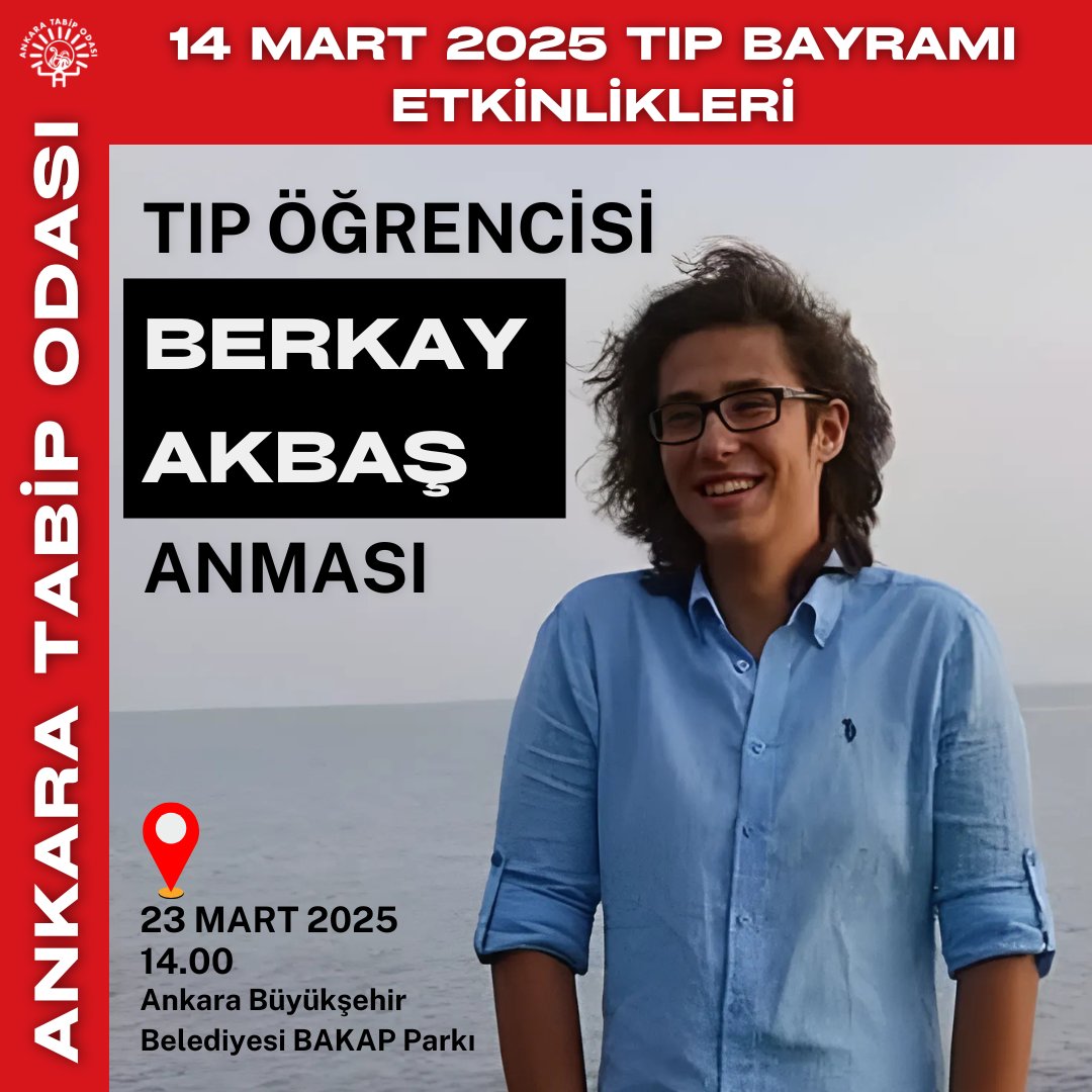 👩🏻‍⚕️🧑🏻‍⚕️📢 ANKARA TABİP ODASI 14 MART 2025 TIP BAYRAMI ETKİNLİKLERİ

Tıp Öğrencisi Berkay Akbaş Anması

🗓️  23 Mart 2025  ⏰  14.30
📍  Ankara Büyükşehir Belediyesi BAKAP Parkı