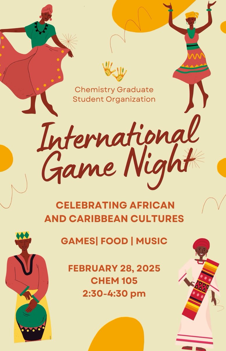 UNT_CGSO's tweet image. It&apos;s that time again... 

Join us this Friday for an enjoyable and relaxing time with the African and Caribbean Cultures @UNTChemistry 

See details below.

#Chemistry #International  #GradStudents #CulturalHeritage