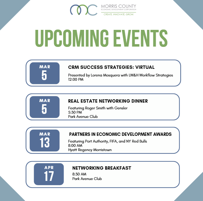 Mark your calendars for upcoming MCEDC workshops and events that you won't want to miss! This spring, the MCEDC presents you with economic leaders as well as technical training sessions with qualified speakers. Visit morriscountyedc.org/events to save your seat today!