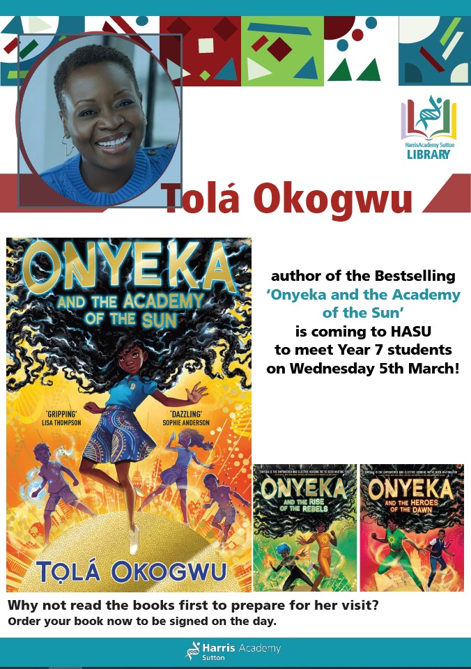 Harris Sutton Library (@hasulibrary) on Twitter photo We are so excited to be welcoming <a href="/TolaOkogwu/">Tọlá Okogwu - UPDATES ONLY</a> to <a href="/HarrisSutton1/">Harris Sutton</a> to speak to Year 7 on Wednesday 5th March in celebration of <a href="/WorldBookDayUK/">World Book Day UK 📚</a>. Pupils can pre order 'Onyeka and the Academy of the Sun' to have signed by Tola on the day. Speak to Ms Lock for more information 🤩 We are so excited to be welcoming <a href="/TolaOkogwu/">Tọlá Okogwu - UPDATES ONLY</a> to <a href="/HarrisSutton1/">Harris Sutton</a> to speak to Year 7 on Wednesday 5th March in celebration of <a href="/WorldBookDayUK/">World Book Day UK 📚</a>. Pupils can pre order 'Onyeka and the Academy of the Sun' to have signed by Tola on the day. Speak to Ms Lock for more information 🤩