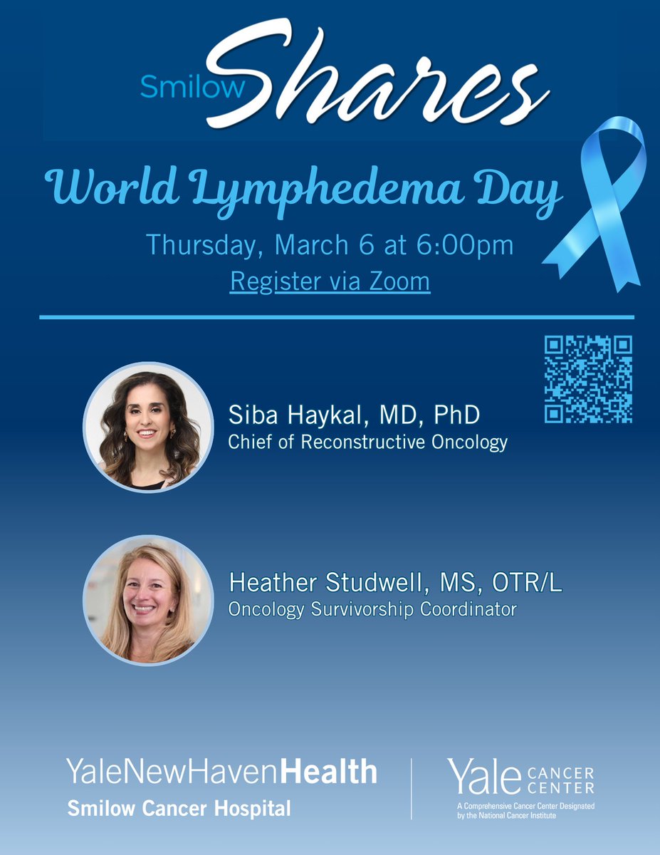 Smilow Cancer Hospital (@smilowcancer) on Twitter photo Please join our experts on Wed., March 6 at 6pm as we host Smilow Shares: #WorldLymphedemaDay. <a href="/DrSibaHaykal/">Siba Haykal Hunter MD PhD FRCSC FACS</a> and Heather Studwell <a href="/GreenHosp/">Greenwich Hospital</a> will share presentations, discussion, and a Q&A at the conclusion.
RSVP: bit.ly/4i64fp6
<a href="/YaleCancer/">Yale Cancer Center</a> <a href="/YaleMed/">Yale School of Medicine</a> <a href="/YNHH/">Yale New Haven Hosp</a> Please join our experts on Wed., March 6 at 6pm as we host Smilow Shares: #WorldLymphedemaDay. <a href="/DrSibaHaykal/">Siba Haykal Hunter MD PhD FRCSC FACS</a> and Heather Studwell <a href="/GreenHosp/">Greenwich Hospital</a> will share presentations, discussion, and a Q&A at the conclusion.
RSVP: bit.ly/4i64fp6
<a href="/YaleCancer/">Yale Cancer Center</a> <a href="/YaleMed/">Yale School of Medicine</a> <a href="/YNHH/">Yale New Haven Hosp</a>