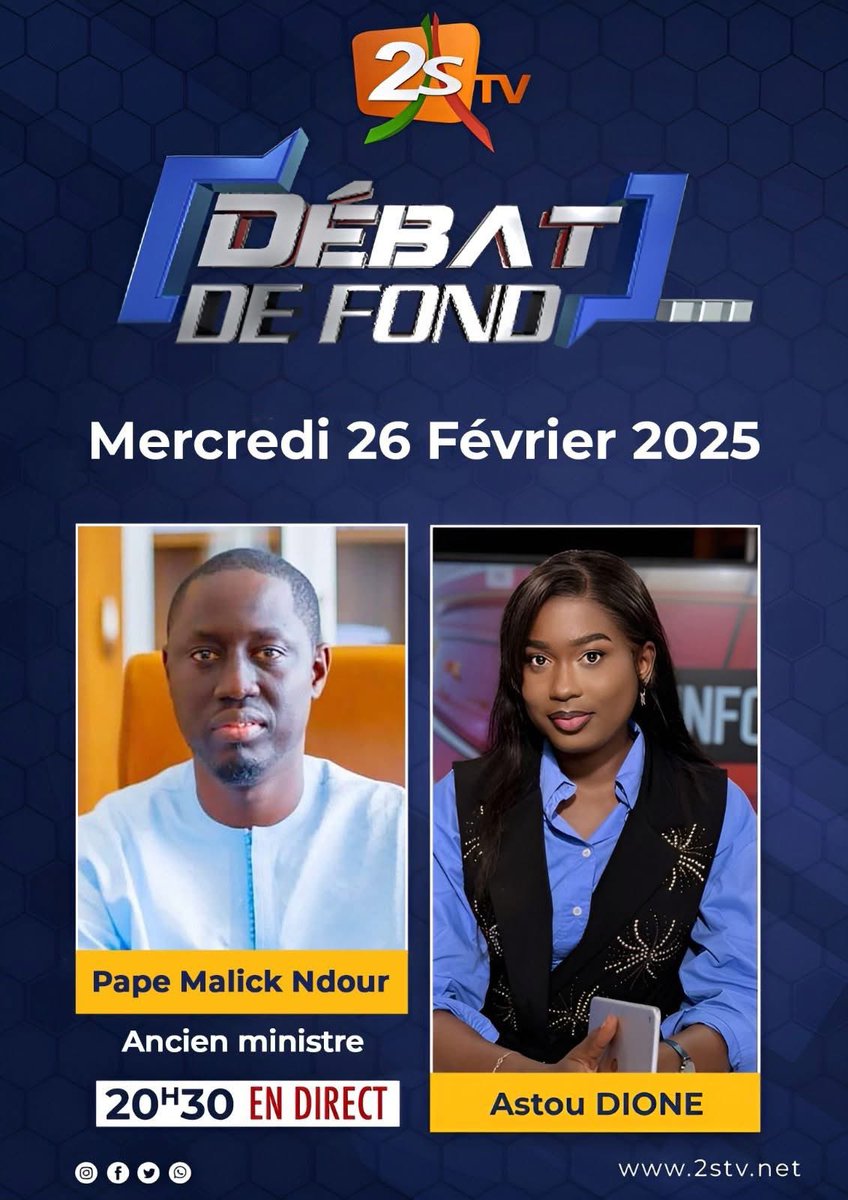 PapeMalickNdour's tweet image. Ce soir à 20H30 en direct sur 2STV !

J’aurai le plaisir d’être l’invité de Astou Dione journaliste dans Débat de Fond.

#Sénégal #PMN #2STV