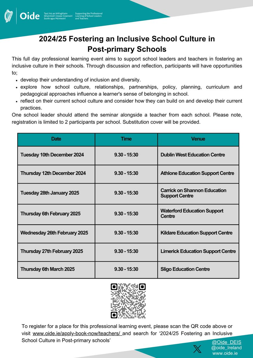 🎓Post-Primary Schools! How inclusive is your school?
🌍This one-day PLE will help teachers &amp; leaders: 
✅ Foster belonging for all students
✅ Strengthen school culture &amp; relationships
📍 Limerick–Feb 27
📍 Sligo–Mar 6
Register buff.ly/43vctB5
