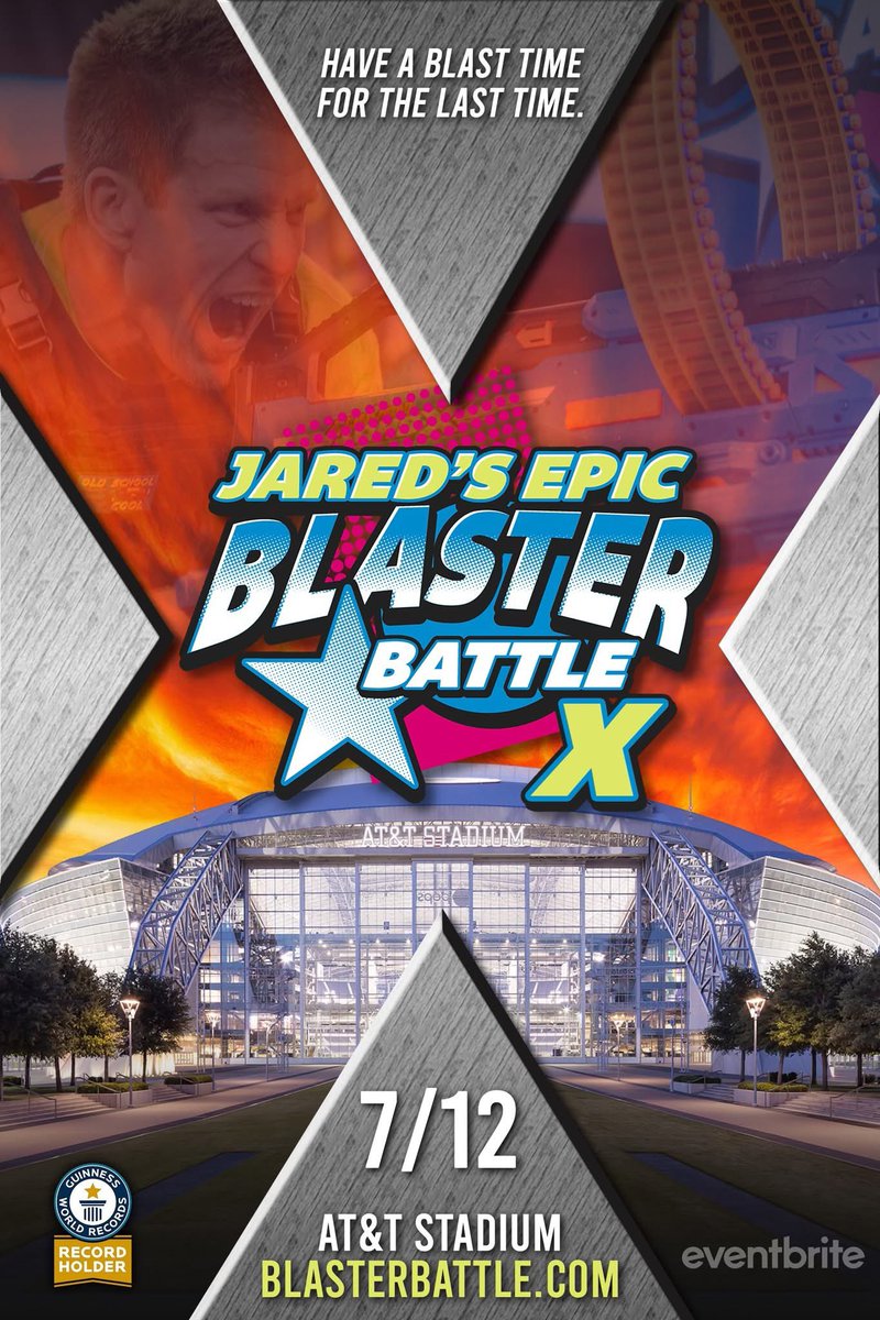 blasterbattle's tweet photo. Jared’s Epic Blaster Battle returns for the final time to AT&amp;T Stadium 7/12/25. Presale begins 3/1, public on sale begins 3/3. #JEBBX #BlasterBattle https://t.co/srS9stCgRV