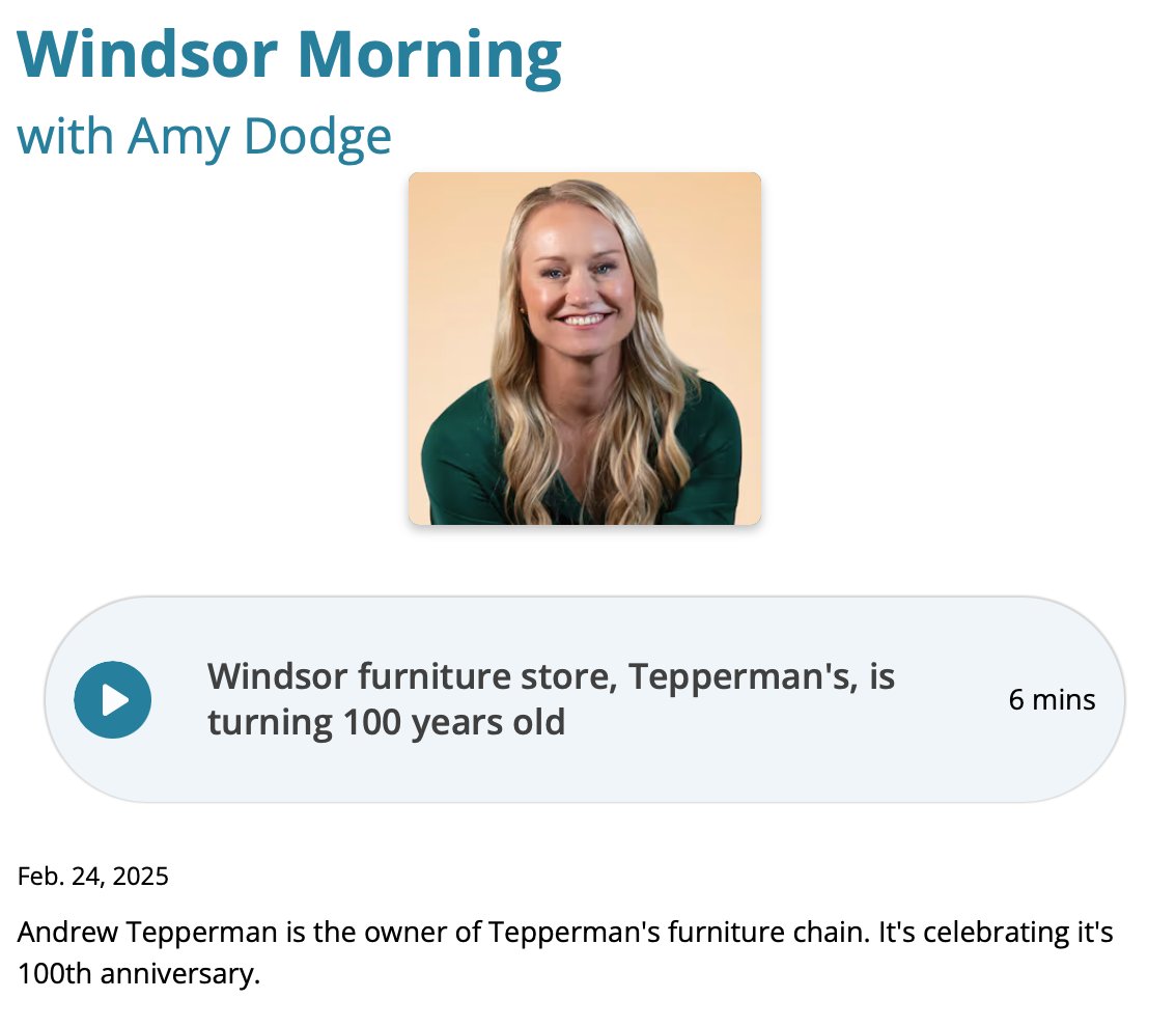 Thank you <a href="/CBCWindsor/">CBC Windsor</a> Morning with <a href="/AmyjDodge/">Amy Dodge</a>  for the great interview about Tepperman’s 100-year journey! Grateful for our customers, employees &amp; communities who made this milestone possible.
🎧 Listen here: cbc.ca/listen/live-ra…

#Teppermans100