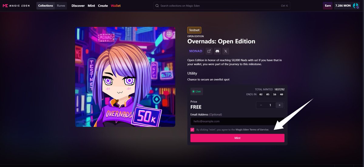 #一分钟撸毛小任务
Mint一个Monad NFT，两天后截止。
这个NFT是ME上的，ME是Monad官方首发的项目之一，其他NFT很多都是蹭流量赚钱的。
🔗传送门：magiceden.io/launchpad/mona…