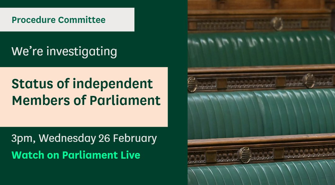 CommonsProcCom's tweet image. Today the Committee will hear from the following witnesses for our inquiry into the status of independent MPs:
➡️ @ShockatAdam
➡️ @iqbalmohamedMP
➡️ @johnmcdonnellMP
➡️ @IanByrneMP
Watch live from 3pm: parliamentlive.tv/Event/Index/6d…