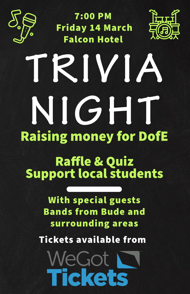 Duke of Edinburgh's Award Scheme Fundraiser.

Trivia Night with live music at the Falcon Hotel, Bude.
Get your tickets here:
wegottickets.com/event/649306 

We hope to see you on the night.
#dofeaward #trivianight #budehavenstudents #budehavenschool