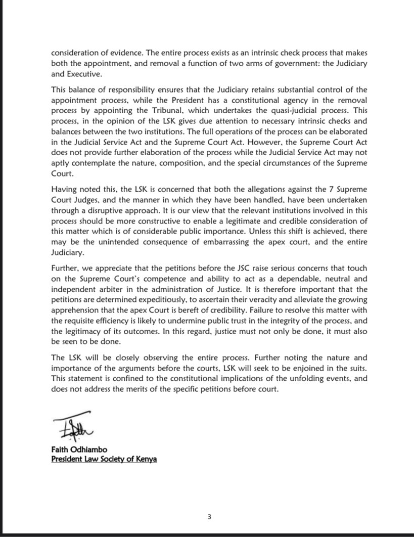 LawSocietyofKe's tweet photo. Over the last few months, the Supreme Court of Kenya has come under the public spotlight on account of disquieting allegations of gross misconduct incompetence, and breach of the Judicial Service (Code of Conduct and Ethics) Regulations by the Judges of the Supreme Court of Kenya. … the LSK is concerned that both the allegations against the 7 Supreme Court Judges, and the manner in which they have been handled, have been undertaken through a disruptive approach. It is our view that the relevant institutions involved in this process should be more constructive to enable a legitimate and credible consideration of this matter which is of considerable public importance. Unless this shift is achieved, there may be the unintended consequence of embarrassing the apex court, and the entire Judiciary. - @FaithOdhiambo in a statement Pertaining to the Law on Removal of Judges of the Supreme Court of Kenya.

@ntvkenya @citizentvkenya @KTNNewsKE @KBCChannel1 @K24Tv @tv47news @NationAfrica @TheStarBreaking @BreakingNewsKE @PeopleDailyKe @StandardKenya @BBCBreaking @cnnbrk @AlJazeeraWorld @BreakingNewsKE