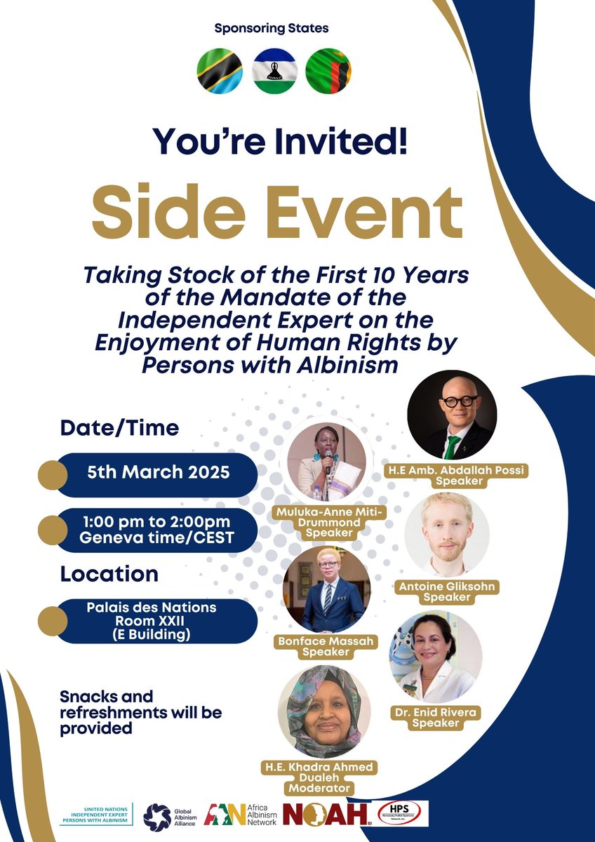 Join us on March 5, 2025, from 1:00-2:00 PM CEST at the Palais des Nations, Room XXII in Geneva for a side event marking the 10th anniversary of the UN mandate on albinism. This will take place ahead of the mandate's report to the UN Human Rights Council session on March 7, 2025
