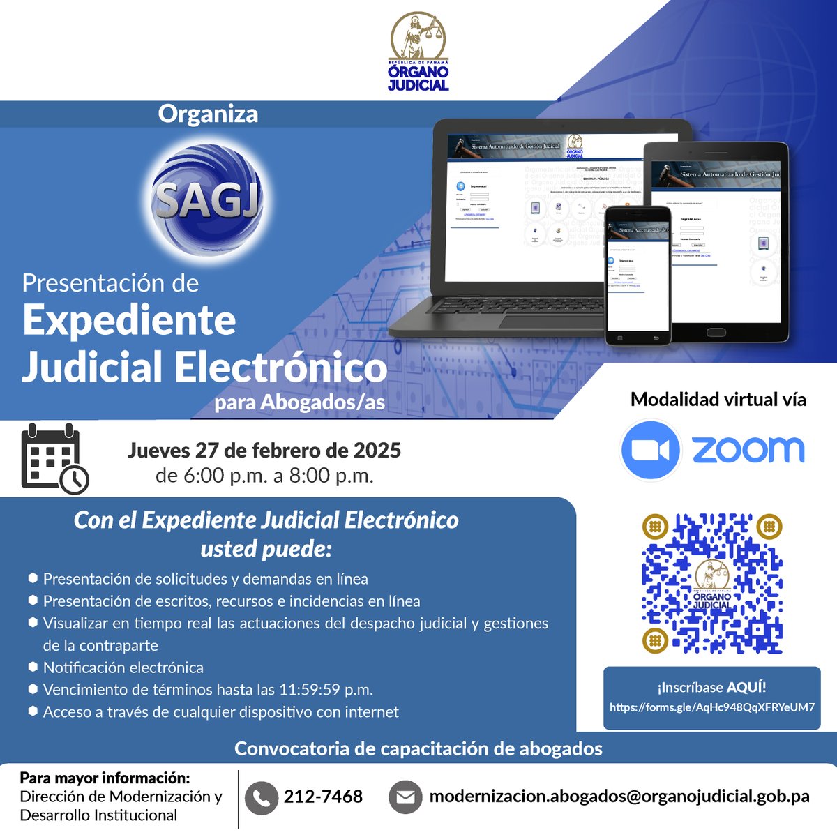 ¡Atención abogado!. Accede a la capacitación virtual acerca del uso y manejo del Expediente Judicial Electrónico (EJE), que se realizará mañana, 27 de febrero. Inscríbete desde este enlace forms.gle/AqHc948QqXFRYe……… #panama #ojudicialpanama
