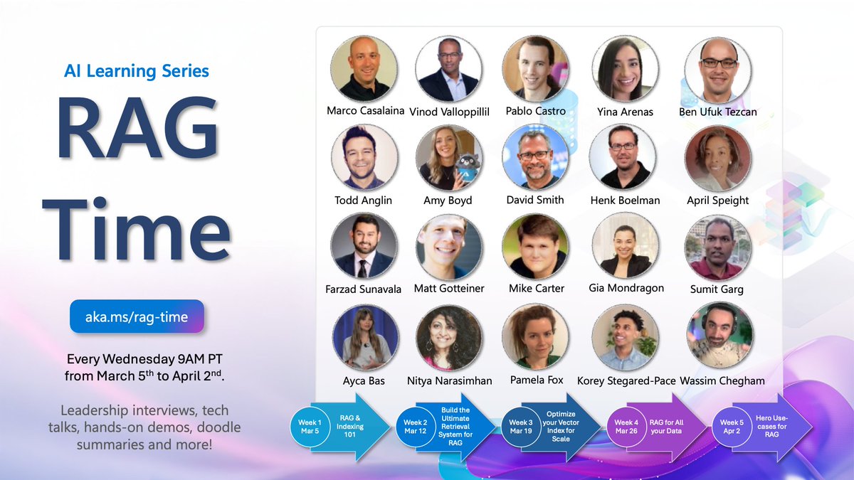 We are excited to introduce RAG Time, a 5-week AI learning series to master Retrieval-Augmented Generation— kicking off this March!

Expect leadership interviews, tech talks, hands on demos, doodles and more!🚀

🗓 Every Wed 9AM PT, March 5 to April 2
👉 aka.ms/rag-time