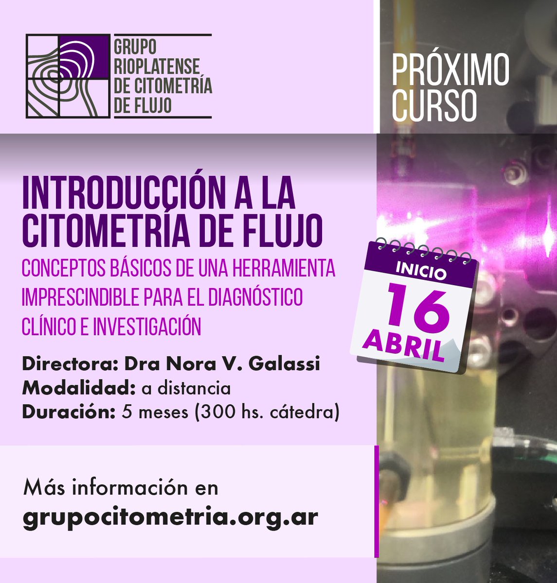 🔬 Introducción a la Citometría de Flujo
📅 Inicio: 16 de abril
💻 Modalidad: A distancia
⏳ Duración: 5 meses (300 hs. cátedra)
👩‍🏫 Directora: Dra. Nora V. Galassi
🔗 Más info en grupocitometria.org.ar
#CitometríaDeFlujo #Ciencia #Investigación #Medicina #CursoOnline
