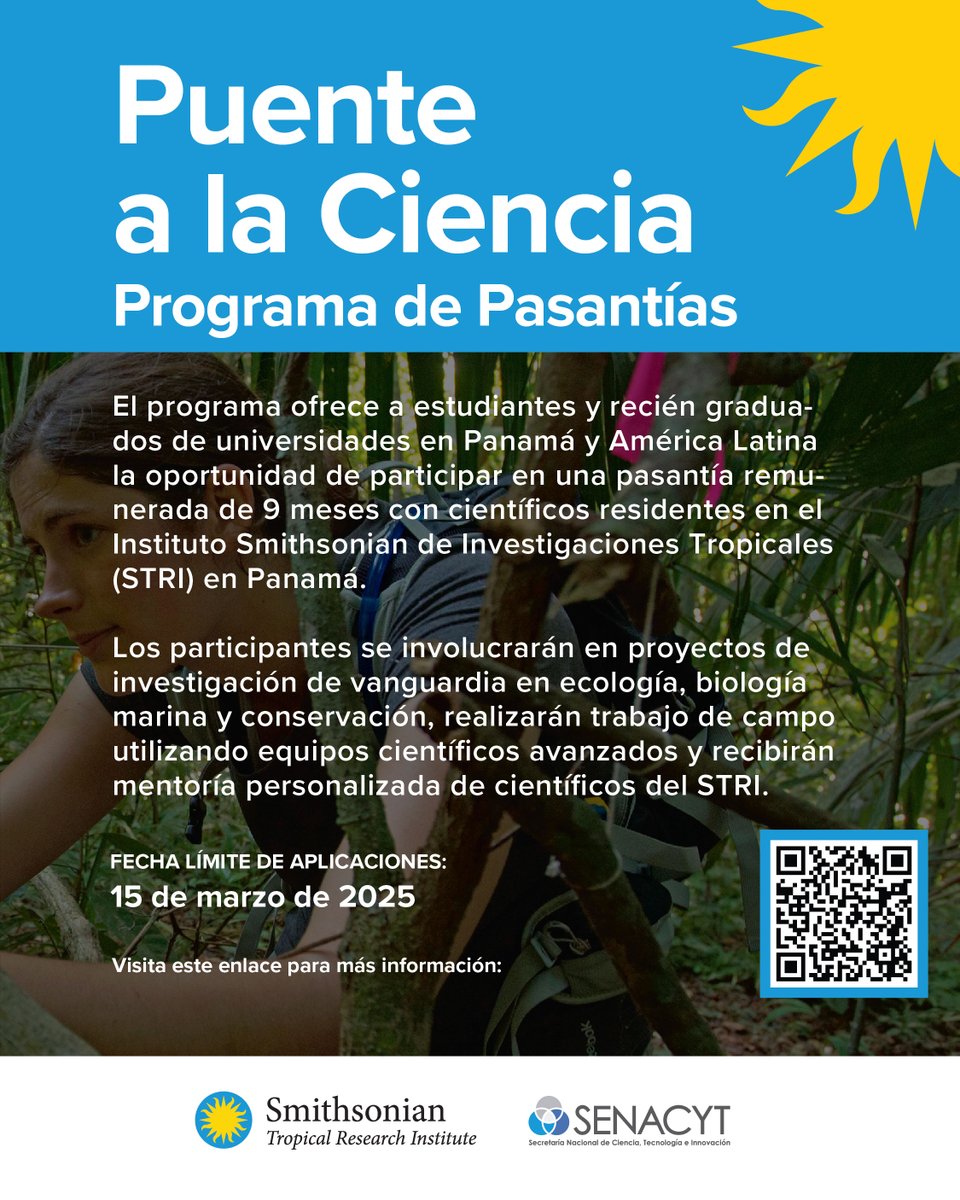 🚨 Nuevo programa de #pasantías "Puente a la Ciencia" 🚨

Este programa es para #estudiantes y recién graduados de #Panamá y América Latina. 

Fecha límite 15 de marzo 2025.

Más información en s.si.edu/4biuBCf

#STRI <a href="/senacyt/">Senacyt Panamá</a>