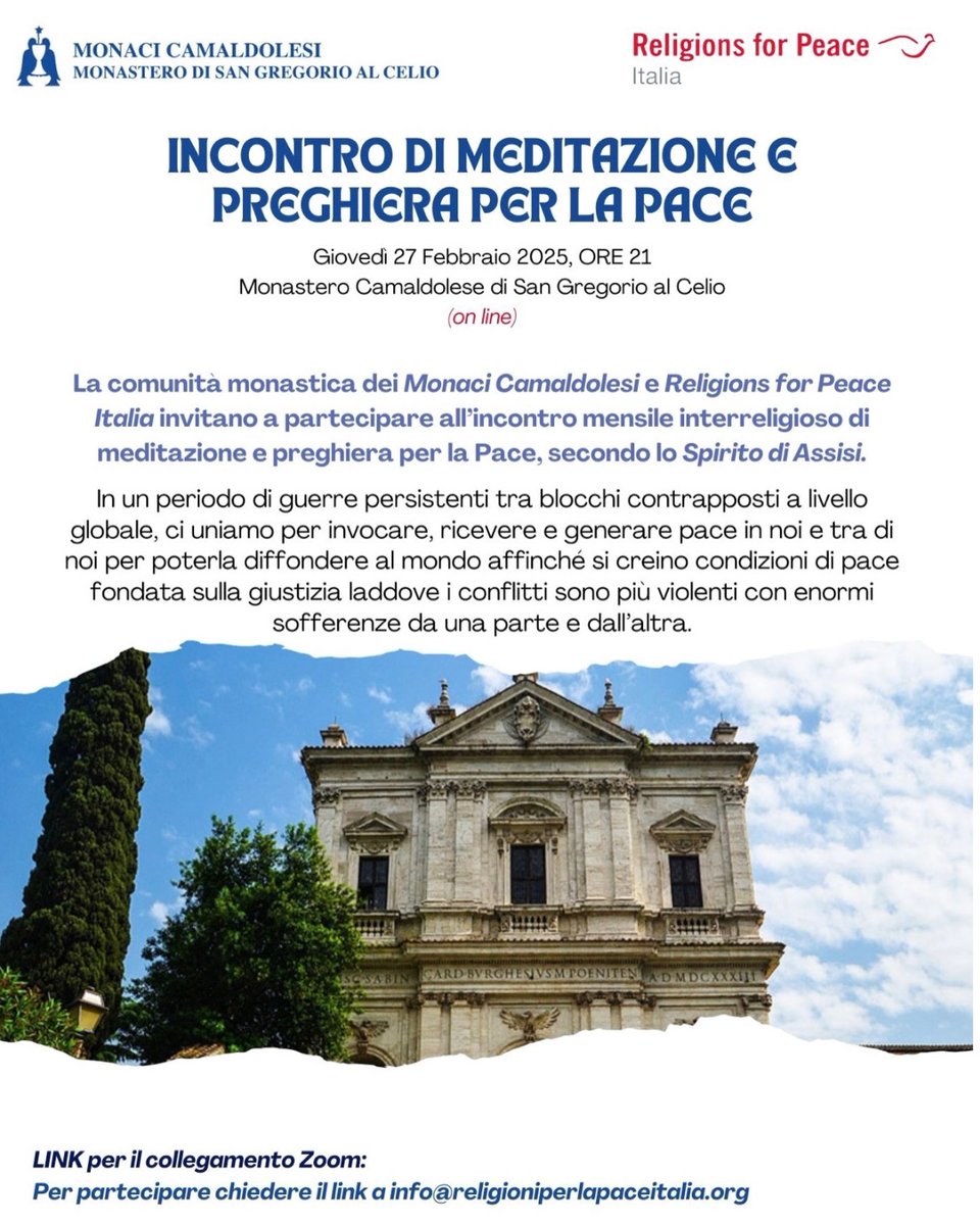 La comunità monastica dei Monaci Camaldolesi e Religions for Peace
Italia invitano a partecipare all'incontro mensile interreligioso di meditazione e preghiera per la Pace, secondo lo Spirito di Assisi.